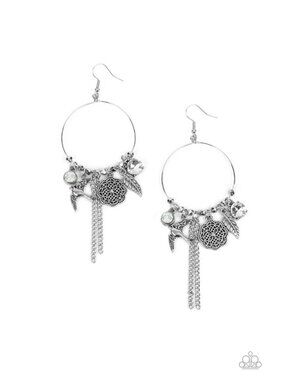 Silver Dangle Earring with Opal, Bird, Feather & Floral Charms – Boho Jewelry